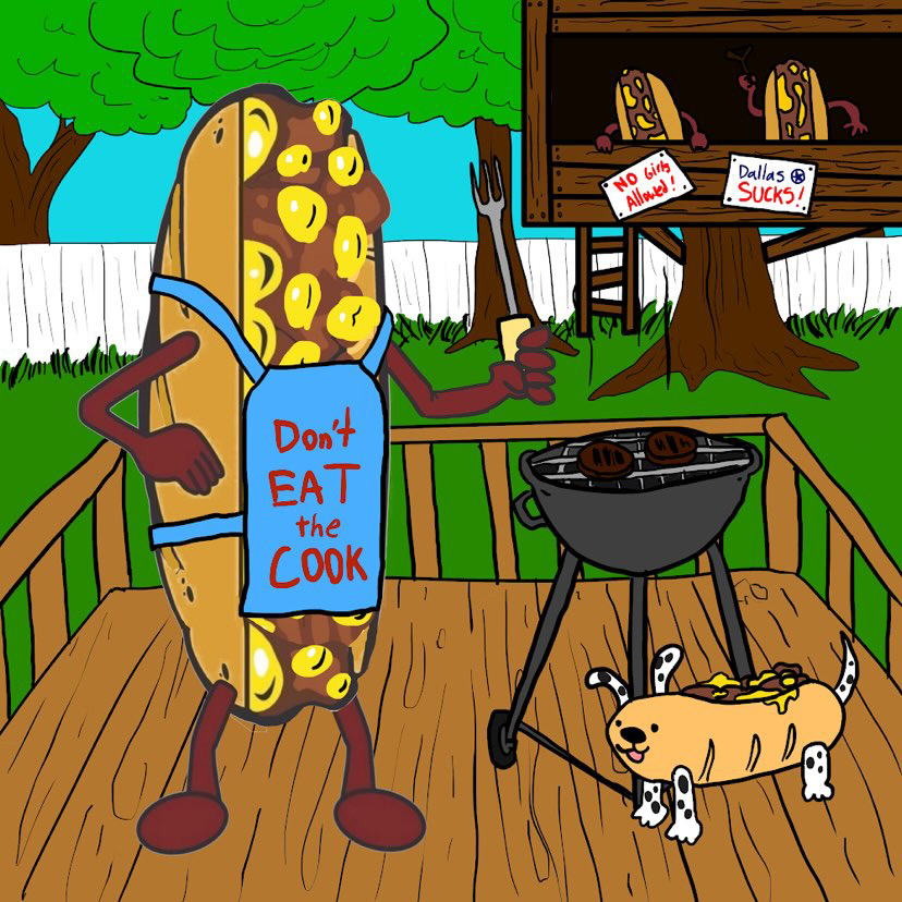 Mr Cheesey at the Grill.  His got his cheesey dog and 'Don't eat the Cook' Apron.