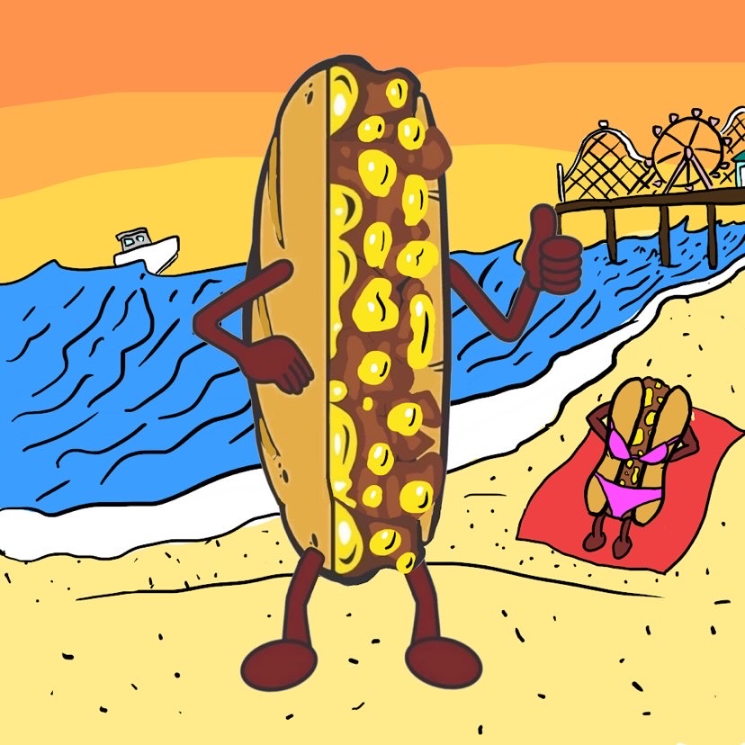 Mr. Cheesey down the shore with a cheesey lady sunbathing.